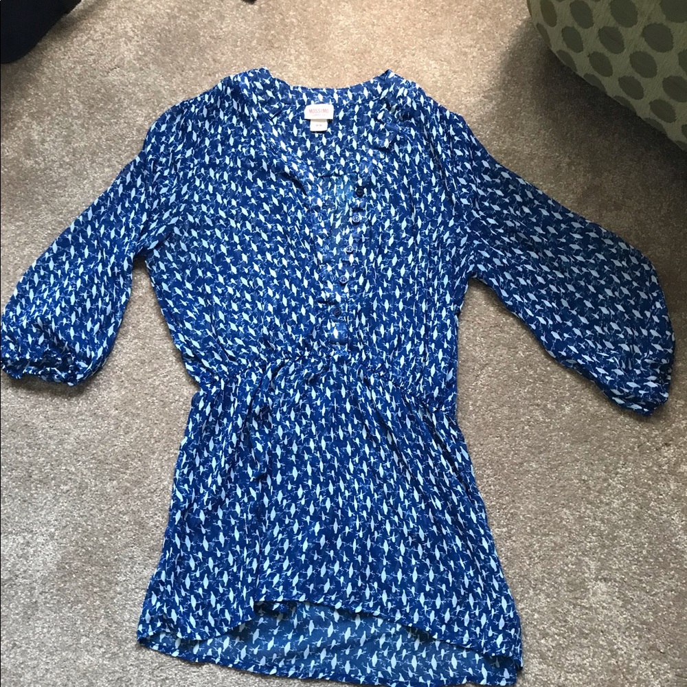 Bird Print Button Down Peasant Top